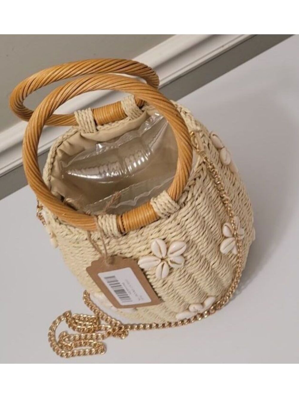 BRUN Pearl Women's Straw Bucket Bag Shell Gold Tone Chain Strap Handbag Purse. - Picture 2 of 8